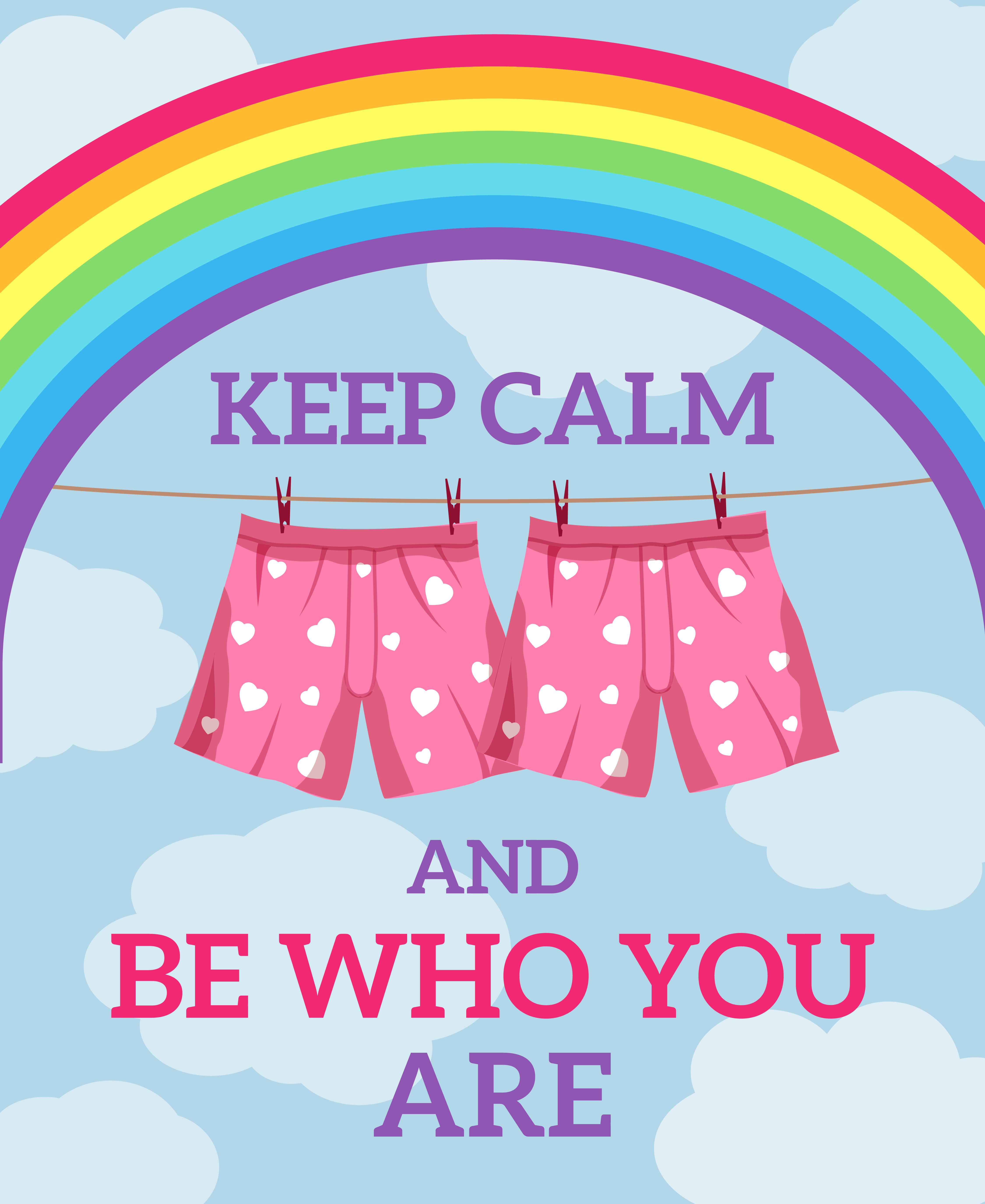 keep calm illustration. blue sky and rainbow background Keep calm and be who you are